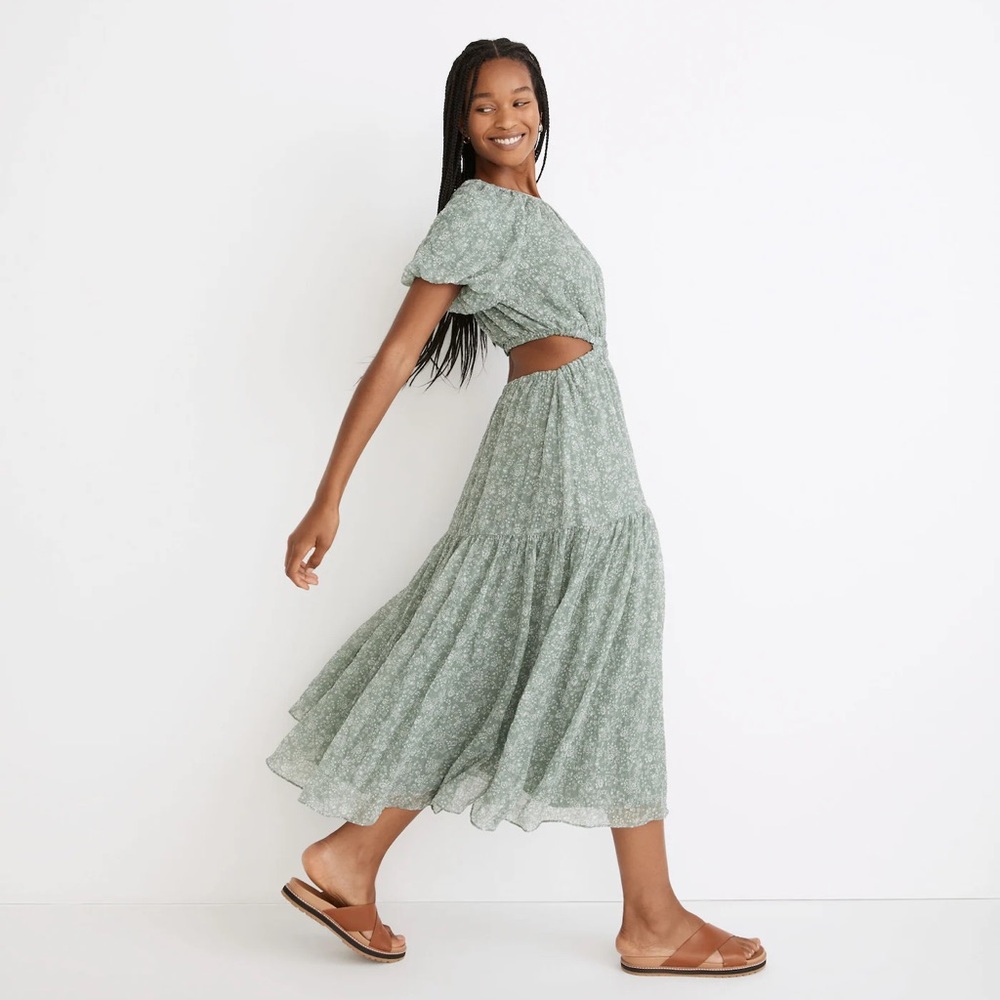 Madewell Seersucker Puff-Sleeve Cutout Midi Dress in Piazza Floral